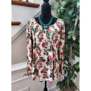 Mollys Women Floral Polyester Round Neck Long Sleeve Pullover Blouse Size Large